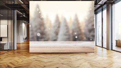 christmas empty wooden table top for product display with winter wonderland background Wall mural