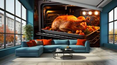 Christmas or Thanksgiving festive turkey cooking in an oven Wall mural