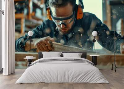 Close up of a man working with carpentry in an indoor workshop, wearing safety glasses Wall mural