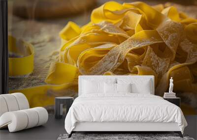 close up of fresh handmade pasta on table with flour dusting Wall mural