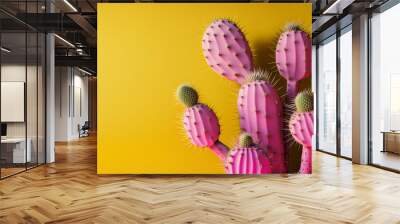 Colourful pink cactus plant against yellow background. Generative ai Wall mural