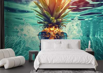 Cool tropical summer pineapple wearing sunglasses floating in a swimming pool. Generative ai Wall mural