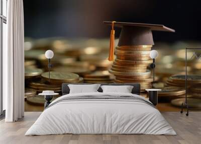 Cost of higher education. Graduation cap on a stack of coins. Generative ai Wall mural