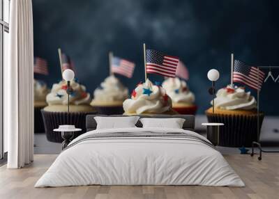 Cup cakes decorated in red white and blue for 4th July celebration. Generative ai Wall mural