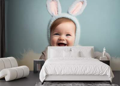 Cute baby portrait wearing spring easter bunny ears. Generative ai Wall mural