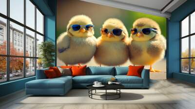 Cute spring baby chick wearing cool sunglasses. Generative ai Wall mural