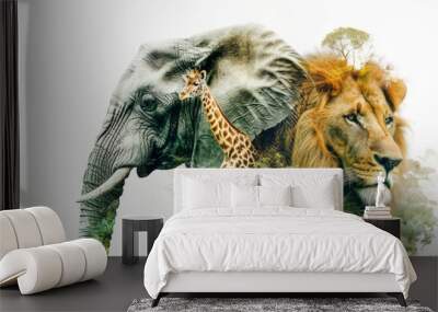 double exposure effect of wild animals and green jungle, isolated against a white background Wall mural