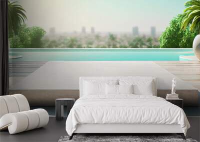 Empty poolside surface with summer travel hotel swimming pool background. Generative ai Wall mural