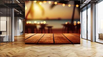 Empty wooden table top product display showcase stage. Tropical summer sunset beach bar background. Generative ai Wall mural