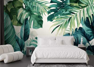 Exotic watercolor tropical leaves and plants background Wall mural