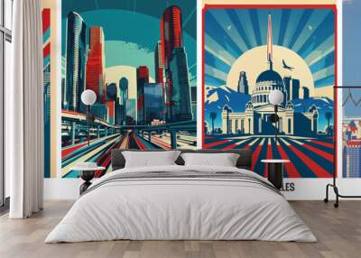 Famous American cities poster collection. USA red white and blue city prints Wall mural