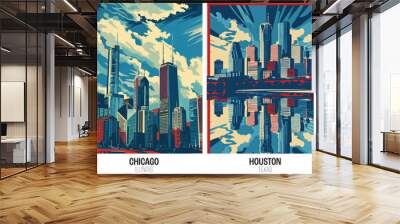 Famous American cities poster collection. USA red white and blue city prints Wall mural