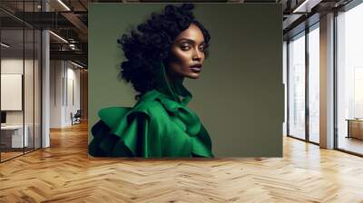 Fashion portrait. Black woman wearing green high fashion clothing. Generative ai Wall mural