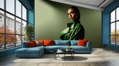 Fashion portrait. Black woman wearing green high fashion clothing. Generative ai Wall mural