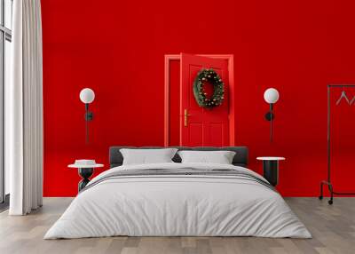 Festive christmas wreath of fir branches at a red open front door. 3D Rendering Wall mural