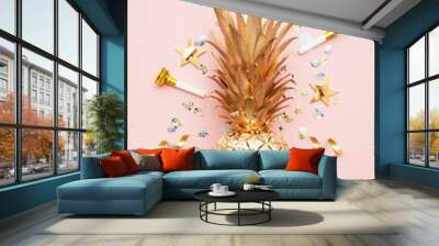 Flat lay tropical pineapple and confetti party celebration background Wall mural