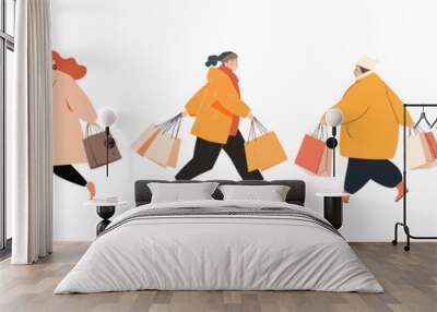 Flat vector illustration of happy people shopping with bags of products Wall mural