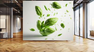 Fresh green basil leaves isolated on white. Generative ai Wall mural