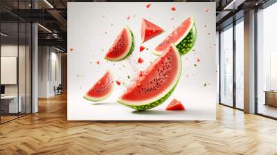 Fresh slices of watermelon flying on a plain background with exploding juice splash. Generative ai Wall mural