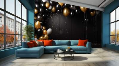 Gold and black balloons background for a celebration party. Copy space for text. Event banner Wall mural