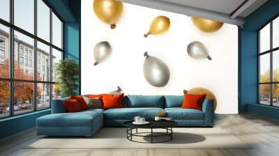 Gold and silver party celebration balloons on a plain background Wall mural