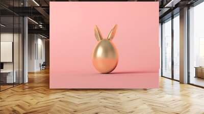 Gold easter egg with cute spring bunny ears on a pastel pink background. 3D Rendering Wall mural