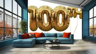 Gold number 100 foil birthday balloon isolated on white. Golden party celebration. 3D Rendering Wall mural