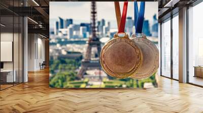 Gold winning medals in front of Paris Eiffel tower city skyline Wall mural