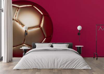 Golden football soccer ball on a burgundy background. 3D Rendering Wall mural