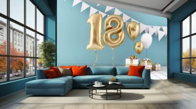 Happy 18th birthday party celebration balloon, bunting and gift box. 3D Render Wall mural