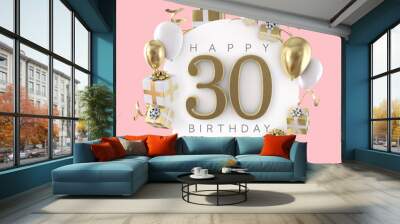 Happy 30th birthday party composition with balloons and presents. 3D Render Wall mural