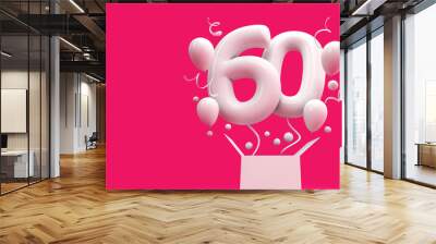 Happy 60th birthday surprise balloon and box. 3D Rendering Wall mural