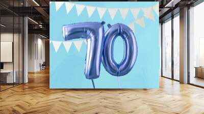 Happy 70th birthday party celebration blue balloon and bunting. 3D Render Wall mural