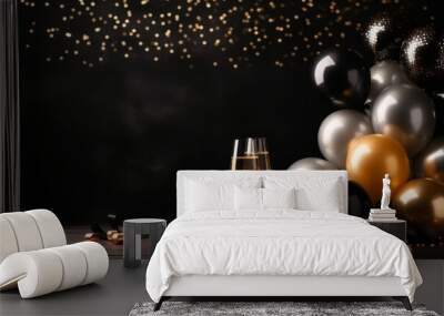 Happy new year background with balloons and glasses of champagne Wall mural