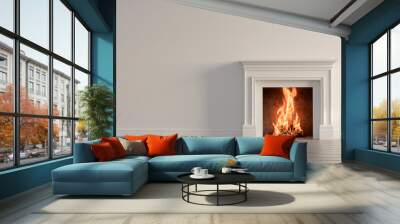 Large traditional fireplace with roaring fire. Empty mantle piece mockup shelf. 3D Rendering Wall mural