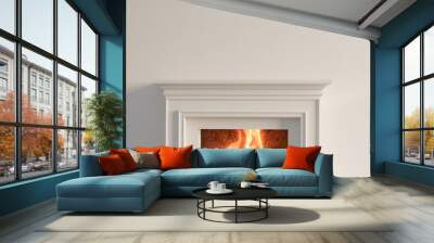 Large traditional fireplace with roaring fire. Empty mantle piece mockup shelf. 3D Rendering Wall mural