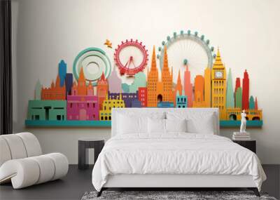 London city colourful illustration. Paper cutout style. Generative ai Wall mural