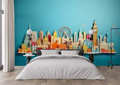 London city colourful illustration. Paper cutout style. Generative ai Wall mural