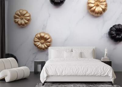 Luxury gold and black autumn pumpkin flat lay composition on a marble background Wall mural