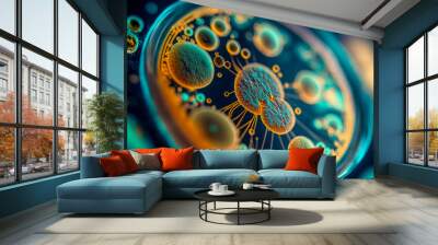 Macro close up shot of bacteria and virus cells in a scientific laboratory petri dish. Generative ai Wall mural