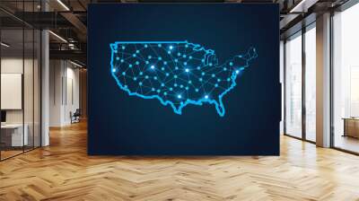 Map of United States made with connected lines and glowing dots. Wall mural