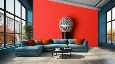 microphone on a bright red background. Wall mural