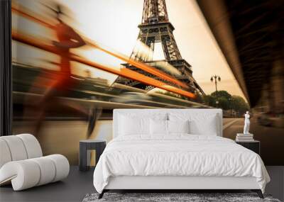 Motion blur of athletes as they run past the Eiffel Tower in Paris, France during a sports race Wall mural