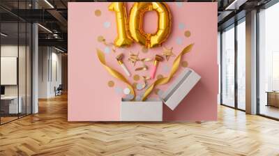 Number 10 birthday balloon celebration gift box lay flat explosion Wall mural