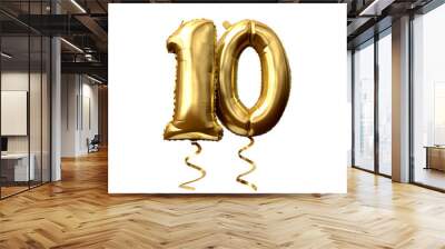 Number 10 gold foil helium balloon isolated on a white background. 3D Render Wall mural