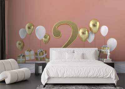 Number 2 birthday party composition with balloons and gift boxes. 3D Rendering Wall mural