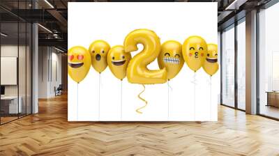 number 2 yellow birthday emoji faces balloons. 3d render Wall mural