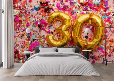 Number 30 gold birthday celebration balloon on a confetti glitter background Wall mural