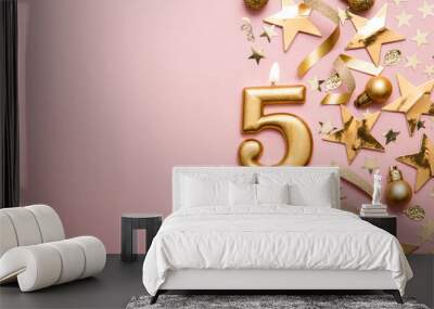 Number 5 gold celebration candle on star and glitter background Wall mural