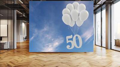 Number 50 party celebration. Number attached to a bunch of white balloons against blue sky Wall mural